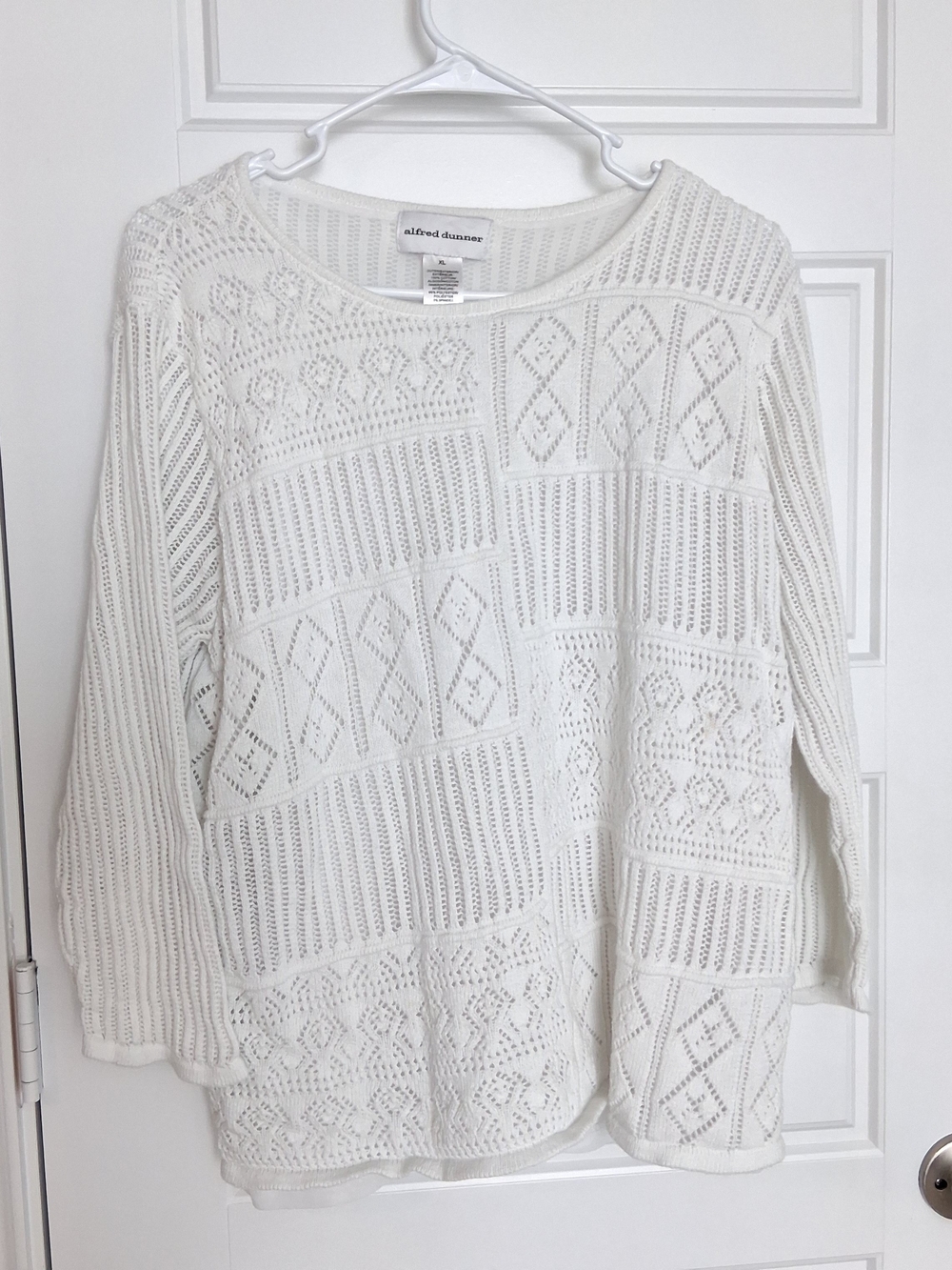 Alfred Dunner White Open-Knit Crewneck Sweater